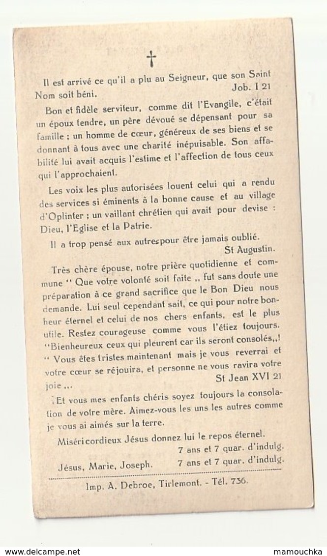 Décès Louis VERHEYDEN Bourgmestre Oplinter 1875 - 1948 Burgemeester - Senator - Images Religieuses