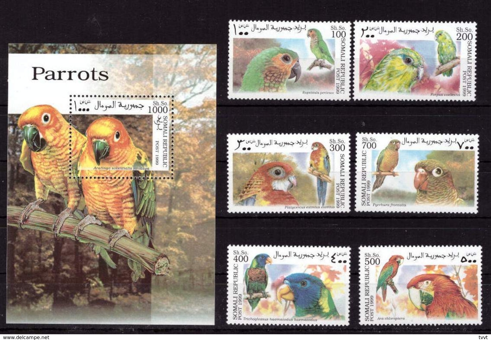 Somalia, 1999. Birds, Parrots (set+block) - Papageien