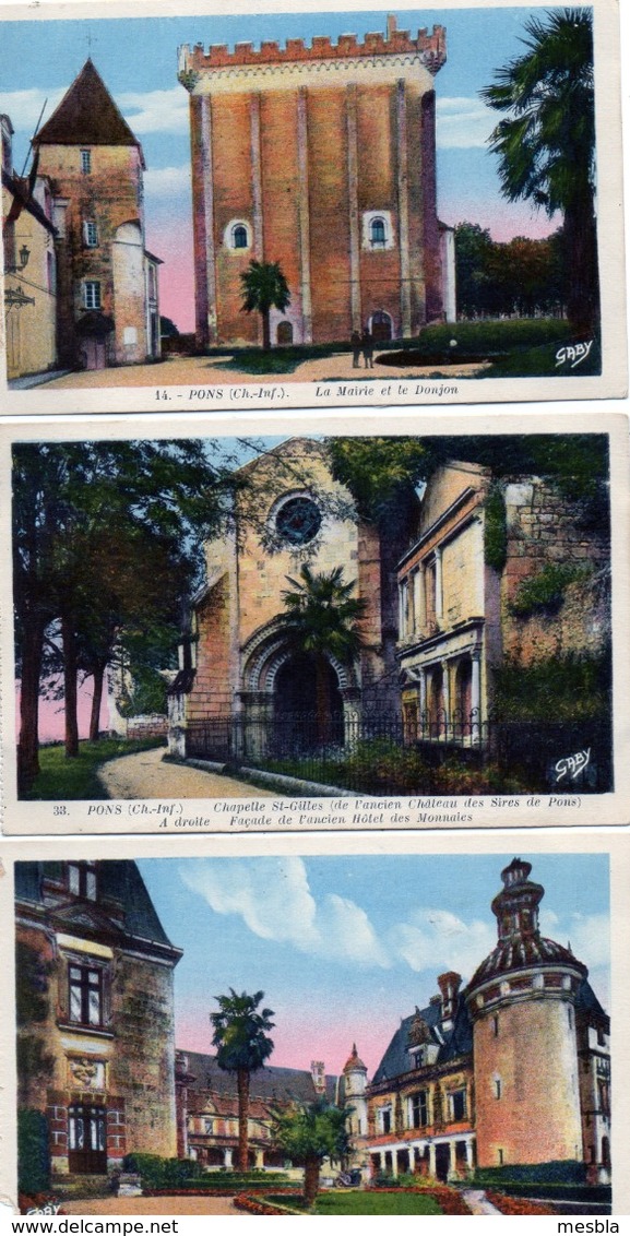 6 CPA  - PONS  (17)  Eglise, Chapelle,  Chateau, Mairie Et Donjon, Jardin Public, Monument Aux Morts - Pons