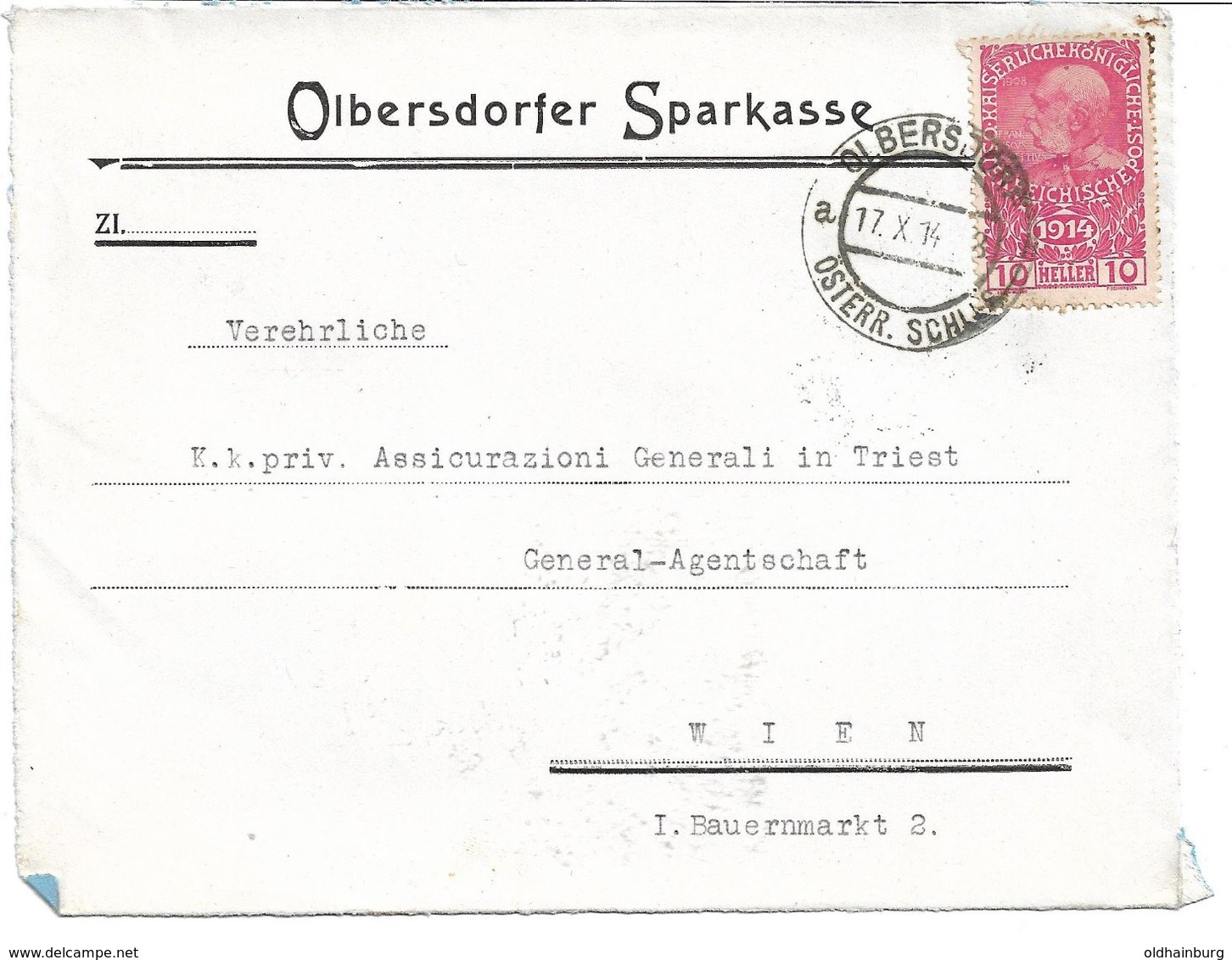 1520m: Heimatbeleg Briefvorderseite Olbersdorf Österreichisch Schlesien, Heute Město Albrechtice, 1914 - Briefe