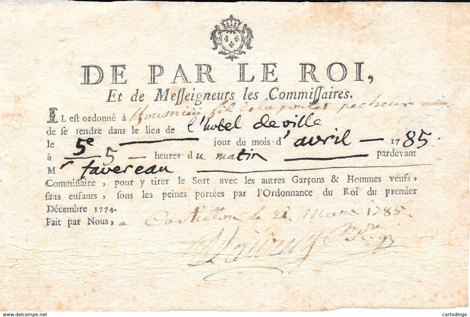 Très Rare-Convocation Pour Tirage Au Sort De 1785 - Historical Documents