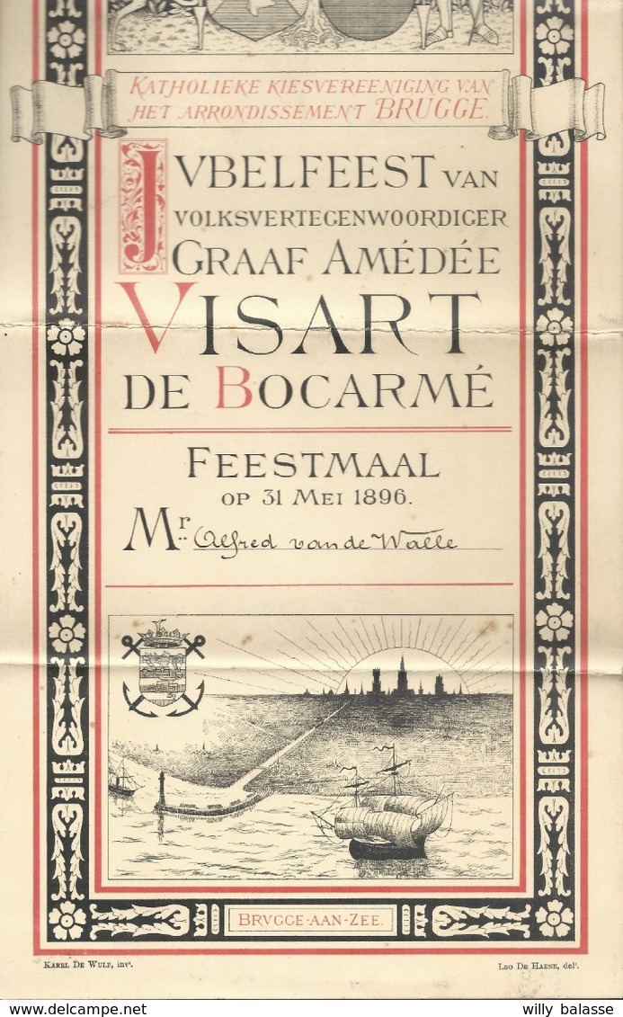 Menu "Jubelfeest Van Volskvertegenwoordiriger VISART De Bocarmé 1896 Brugge Superbement Illustré Bateau 17,5 X 36,5 Cm - Menus