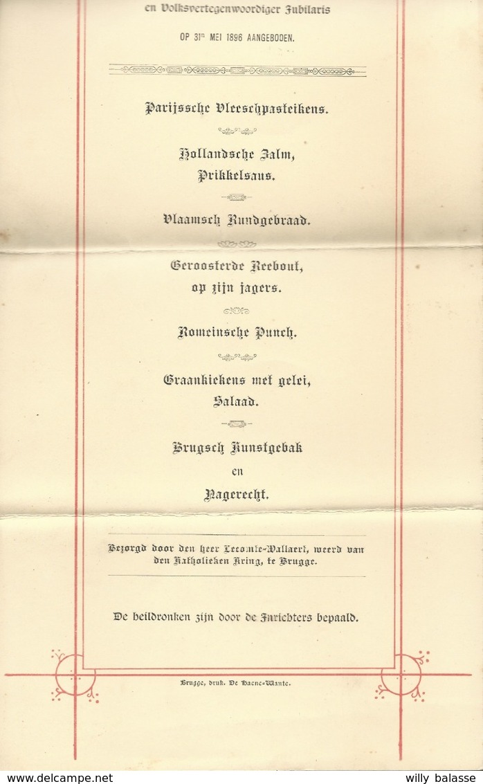 Menu "Jubelfeest Van Volskvertegenwoordiriger VISART De Bocarmé 1896 Brugge Superbement Illustré Bateau 17,5 X 36,5 Cm - Menus