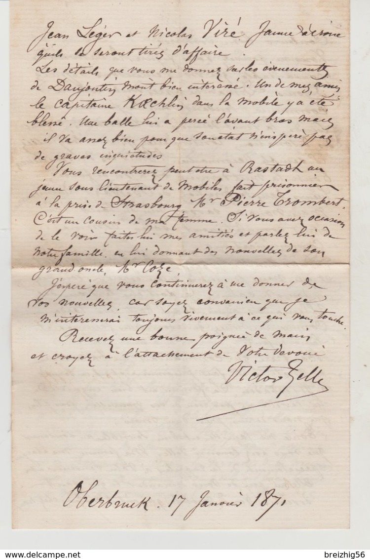 Lettre De Victor Zeller Janvier 1871 à Mr Ceuzin Prisonnier à Rastadt Témoignage  Guerre Et Petite Vérole à Oberbruck - Documents Historiques