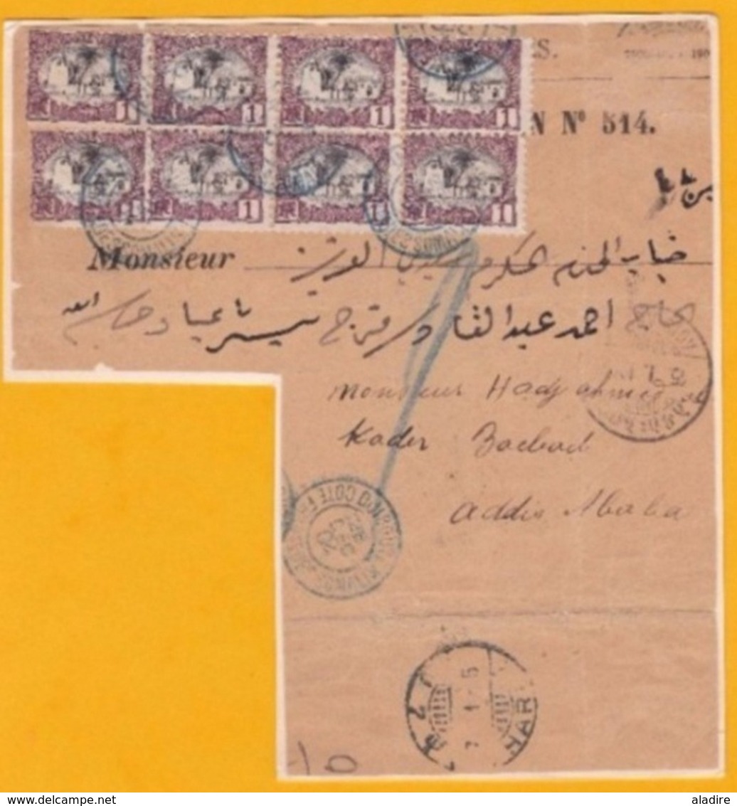 1904 - Bloc De 7 Timbres + 1 YT 53 Sur Fragment D'enveloppe De Djibouti, Vers Addis Ababa ​​​​​​​- via Harar, Ethiopie - Lettres & Documents