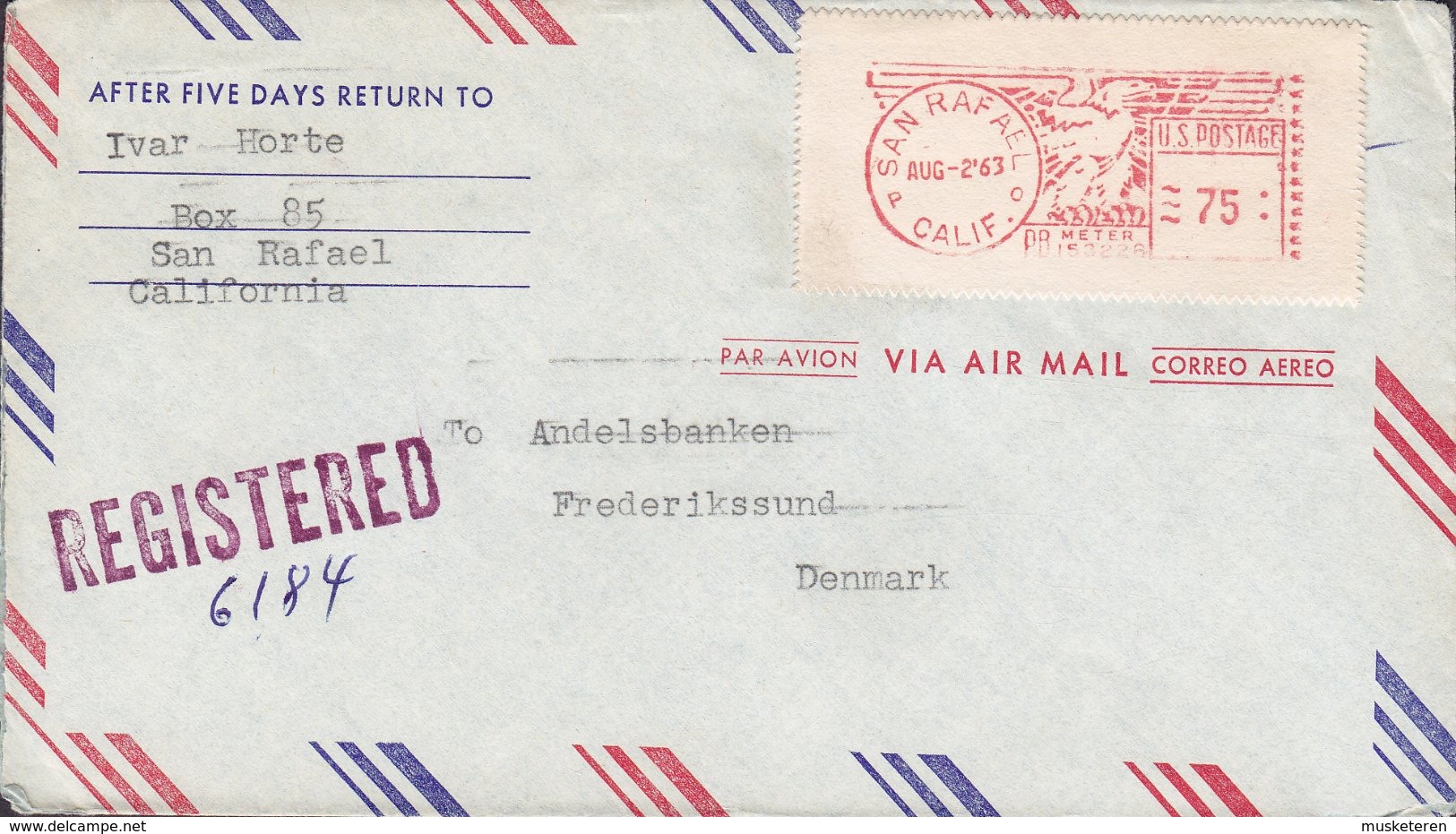 United States Registered SAN RAFAEL Calif. 1963 Meter Stamp Cover FREDERIKSSUND Denmark - Machine Labels [ATM]