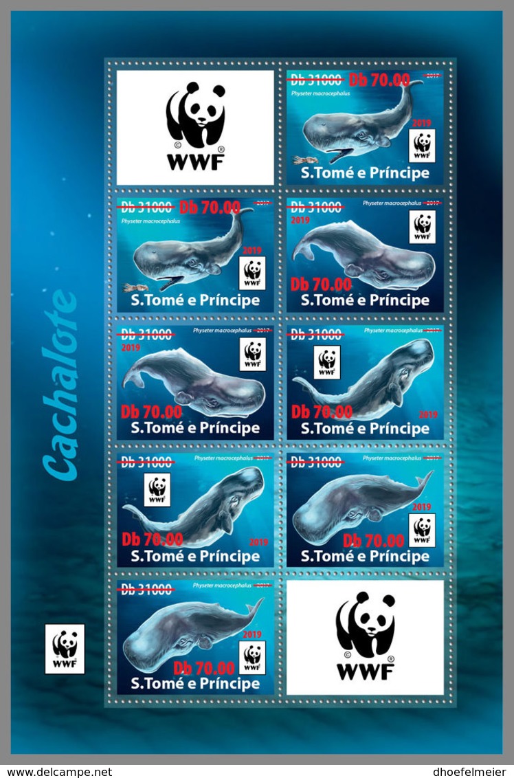 SAO TOME 2019 MNH WWF Overprint Whales Birds Wale Vögel Baleines Oiseaux Physeter RED FOIL 8v - OFFICIAL ISSUE - DH1934 - Unused Stamps