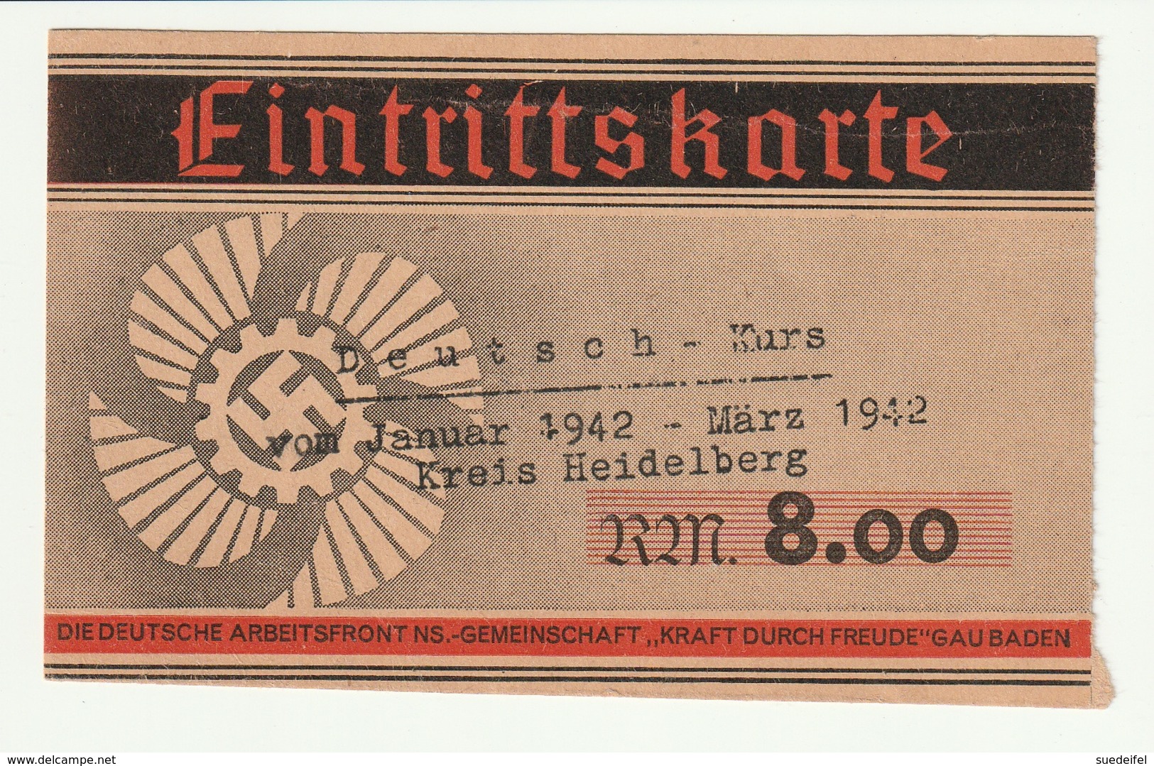Heidelberg, Eintrittskarte Kraft Durch Freude, Deutsch-Kurs  1942 - 1939-45