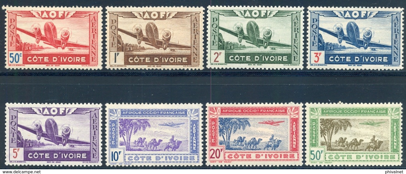 1942 - COSTA DE MARFIL / COTE D'IVOIRE ,  YV. 10 / 17 AÉREOS ** , AVIÓN EN VUELO , CARAVANA - Nuevos