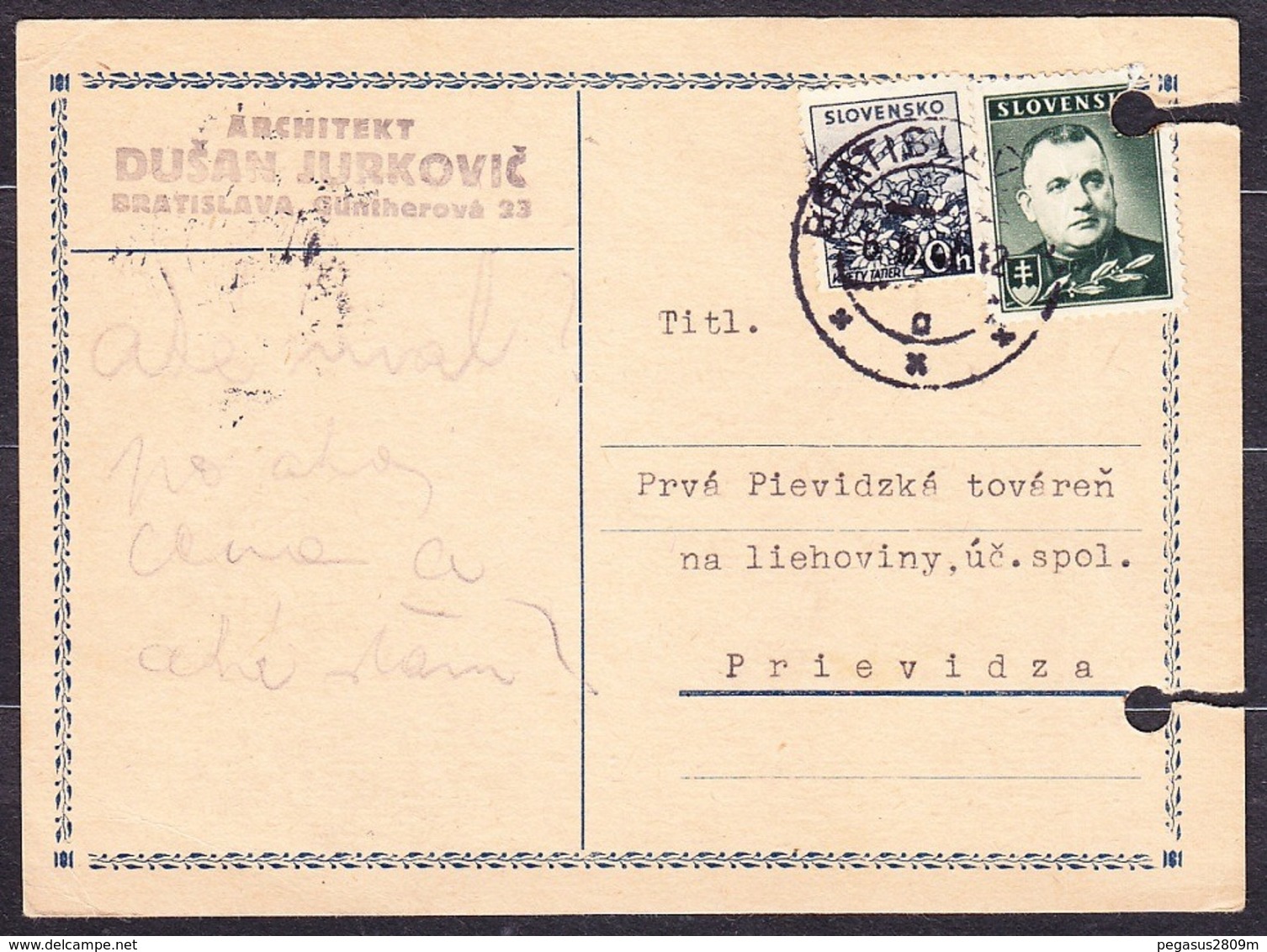 SLOVAKIA 1940, Postal Leaflet , Posted To CARPATHIA PRIEVIDZA. - Lettres & Documents