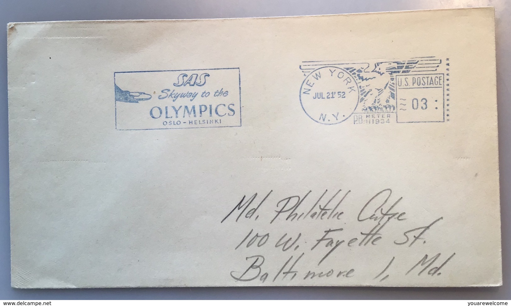 OLYMPIC GAMES 1952 OSLO-HELSINKI „SAS“ ADVERTISEMENT  NY METER (lettre Cover Airplaine Jeux Olympiques USA - Covers & Documents