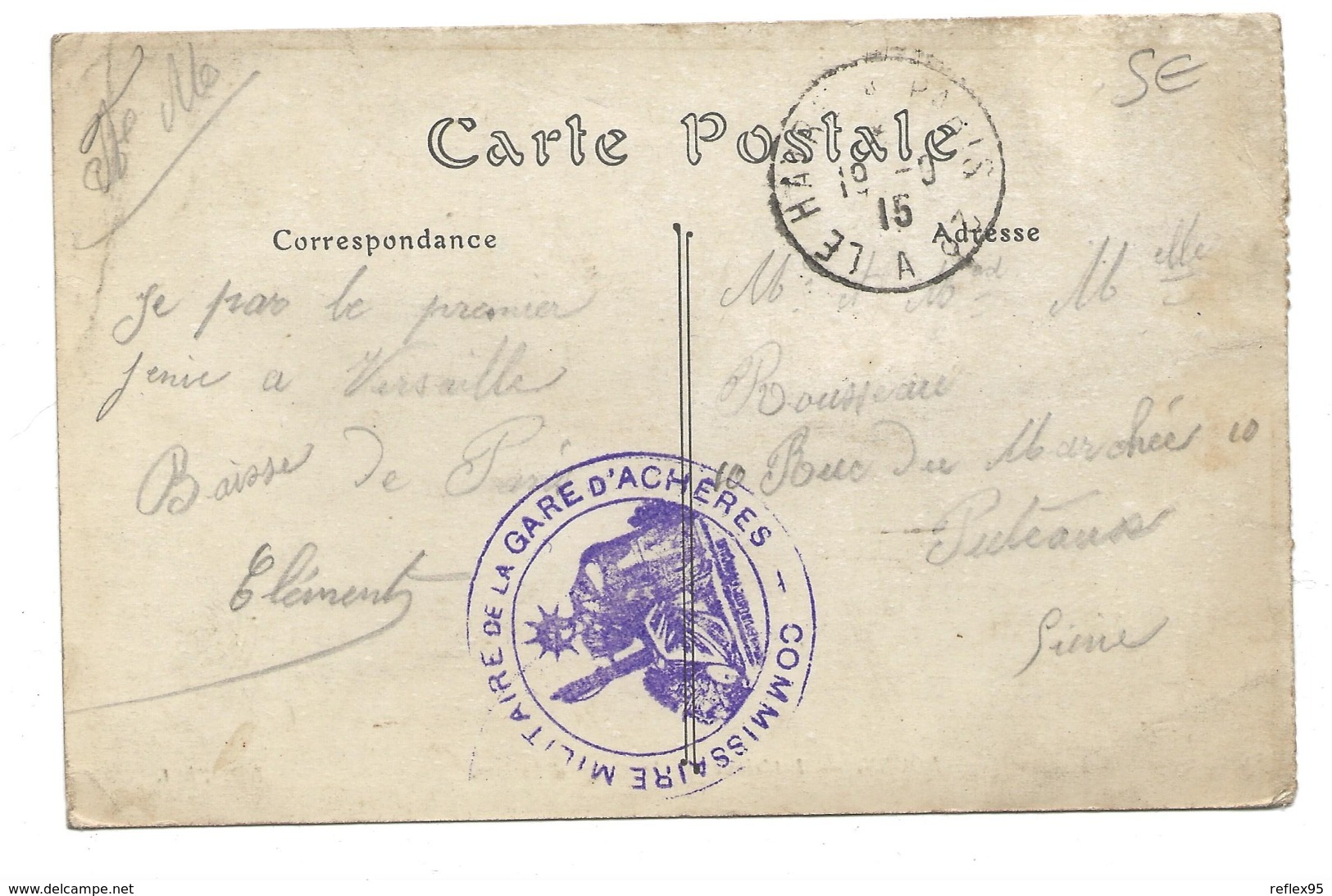 CACHET Commissaire Militaire De La Gare D' ACHERES - Guerre De 1914-18