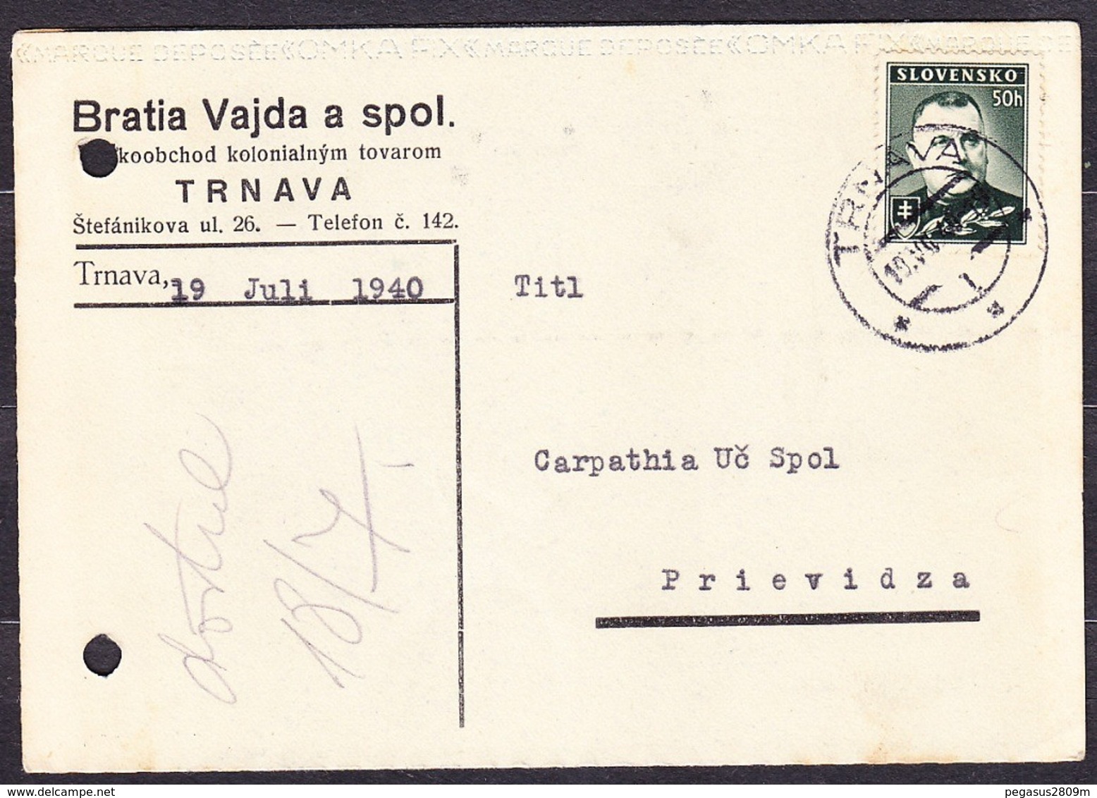 SLOVAKIA 1940, Company Postal Leaflet ( BROTHERS VAJDA A SPOL., WAREHOUSE - TRNAVA ), Posted To CARPATHIA PRIEVIDZA. - Lettres & Documents