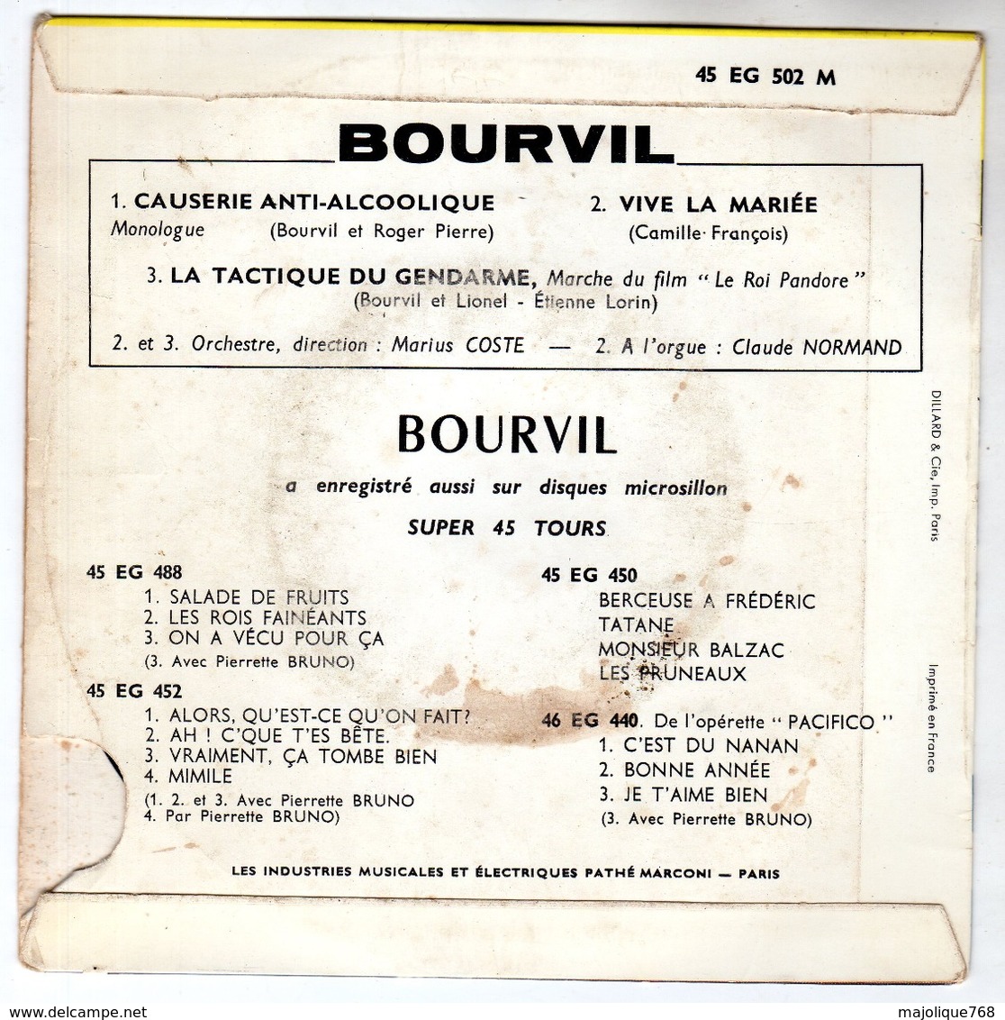 Bourvil - Causerie Anti-alcoolique - Vive La Mariée - La Tactique Du Gendarme - Pathé  45 EG 502 - 1960 - Humour, Cabaret