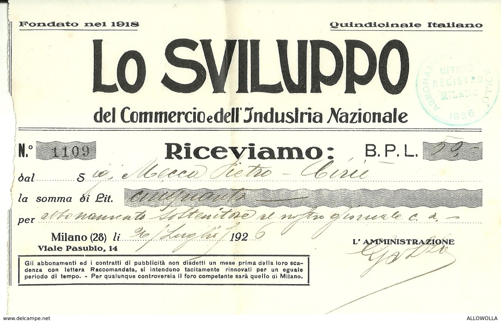 5100 "LO SVILUPPO DEL COMMERCIO E DELL'INDUSTRIA NAZIONALE- 1926-INVIO QUIETANZA LIRE 50 PER ABBON. SOSTENITORE "  ORIG. - Italy