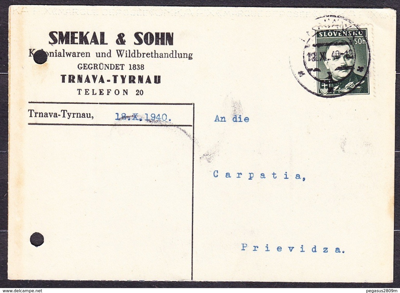 SLOVAKIA 1940, Company Postal Leaflet ( SMEKAL & SOHN, KOLONIALWAREN - TRNAVA ), Posted To CARPATHIA PRIEVIDZA. - Lettres & Documents