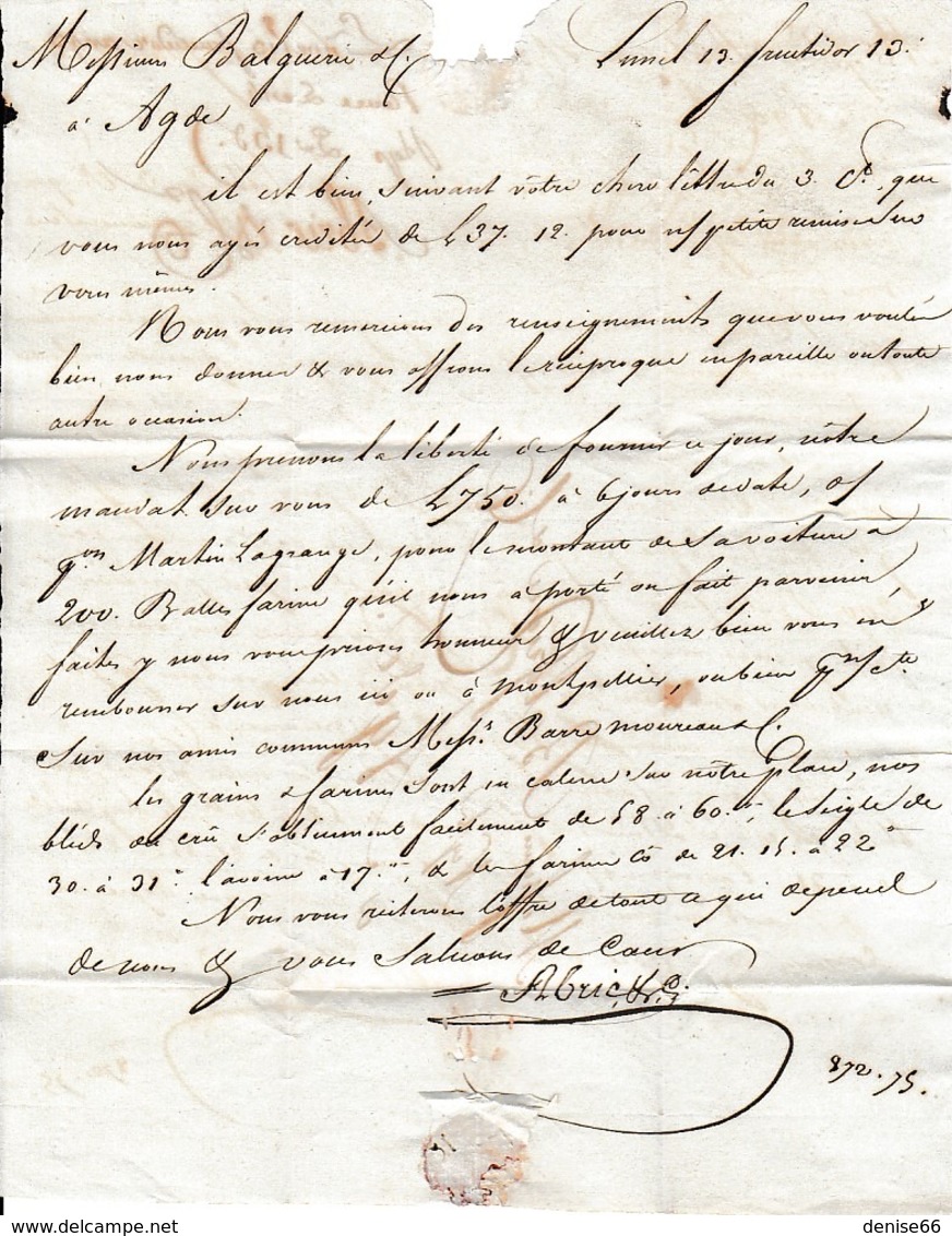 An 13 LUNEL - Lettre Pour MM. BALGUERIE & Cie Négociants à AGDE - Documents Historiques