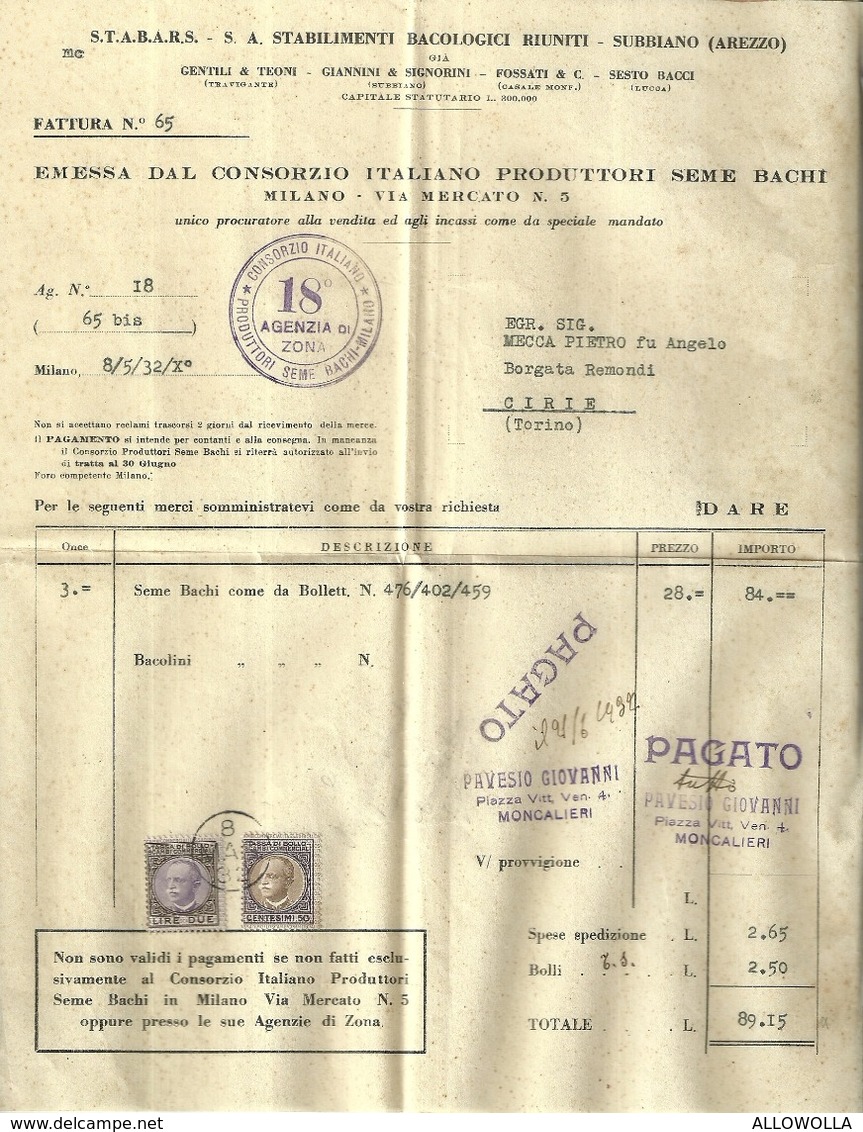 5101 "CONSORZIO ITALIANO PRODUTTORI SEME BACHI-MILANO " FATTURA COMMERCIALE QUIETANZATA DEL 8/5/1932 - ORIG. - Italia