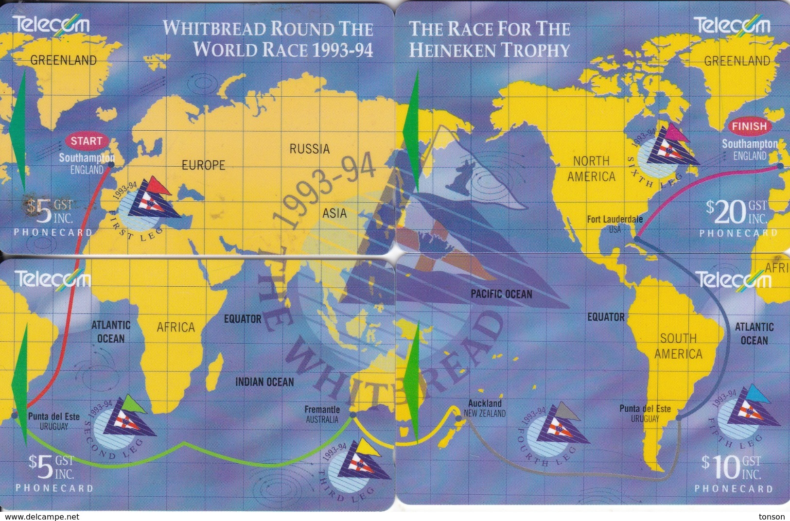 New Zealand, NZ-G-078 - 081, 4 Card Puzzle, Whitbread Around The World Yacht Race, Sport, Map. - Rompecabezas