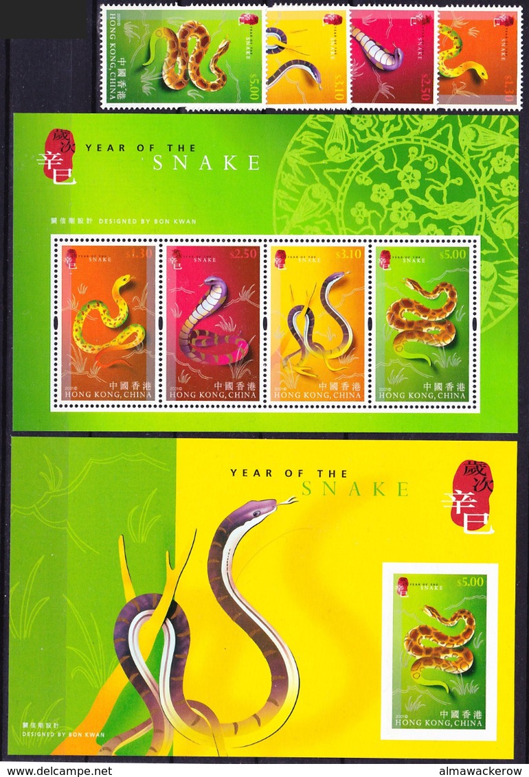 Hong Kong 2001 Chinese New Year, Year Of The Snake, Set Mi 968-971, Mi MS 85, 86, MNH ** - Ungebraucht