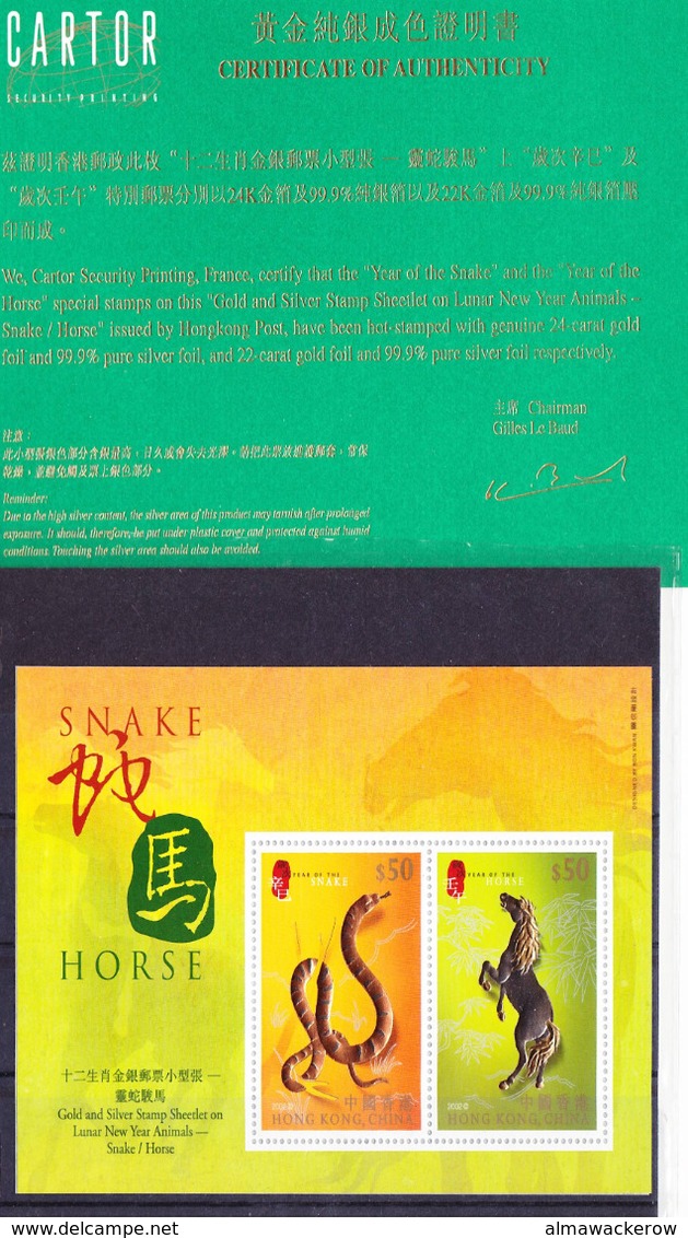 Hong Kong 2002 Chinese New Year Of The Horse Compl. Set Mi 1010-1013, MS 96, 97 +gold Foil MS 99 MNH ** - Nuovi