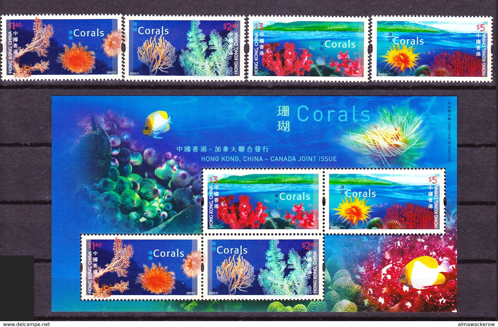 Hong Kong 2002 Corals Joint Issue With Canada, Complete Set Mi 1036-1039, MS 101 MNH ** - Ungebraucht