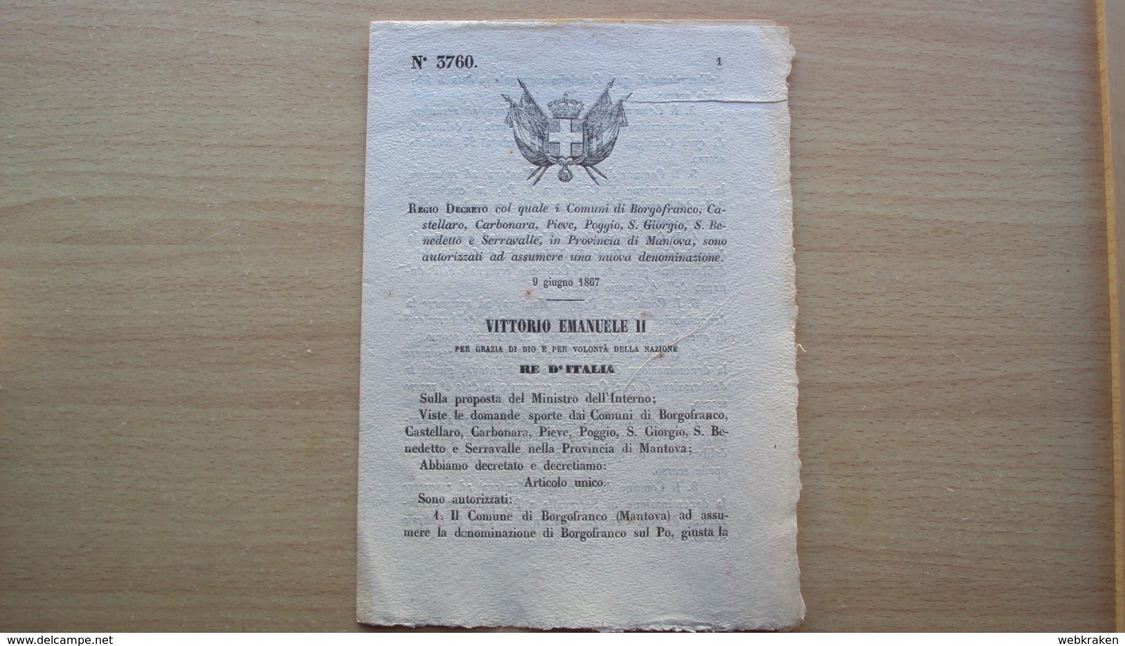 REGNO ITALIA DECRETO 9.6.1867 CAMBIO NOMI PAESI MANTOVA BORGOFRANCO CASTELLARO PIEVE POGGIO SERRAVALLE - Decrees & Laws