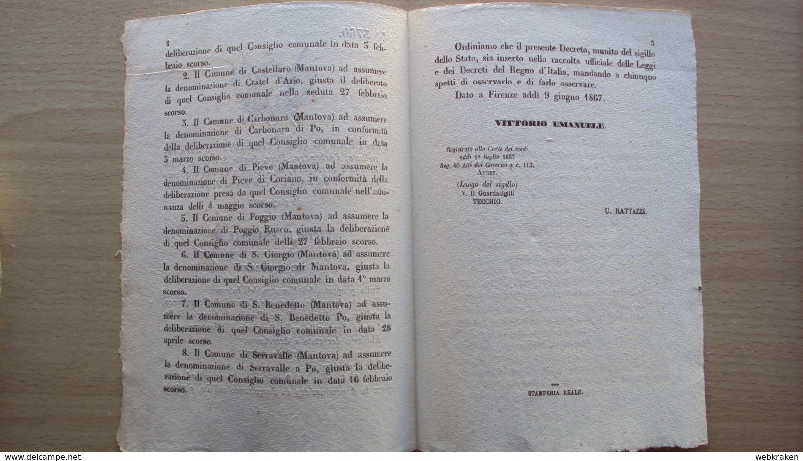 REGNO ITALIA DECRETO 9.6.1867 CAMBIO NOMI PAESI MANTOVA BORGOFRANCO CASTELLARO PIEVE POGGIO SERRAVALLE - Decrees & Laws