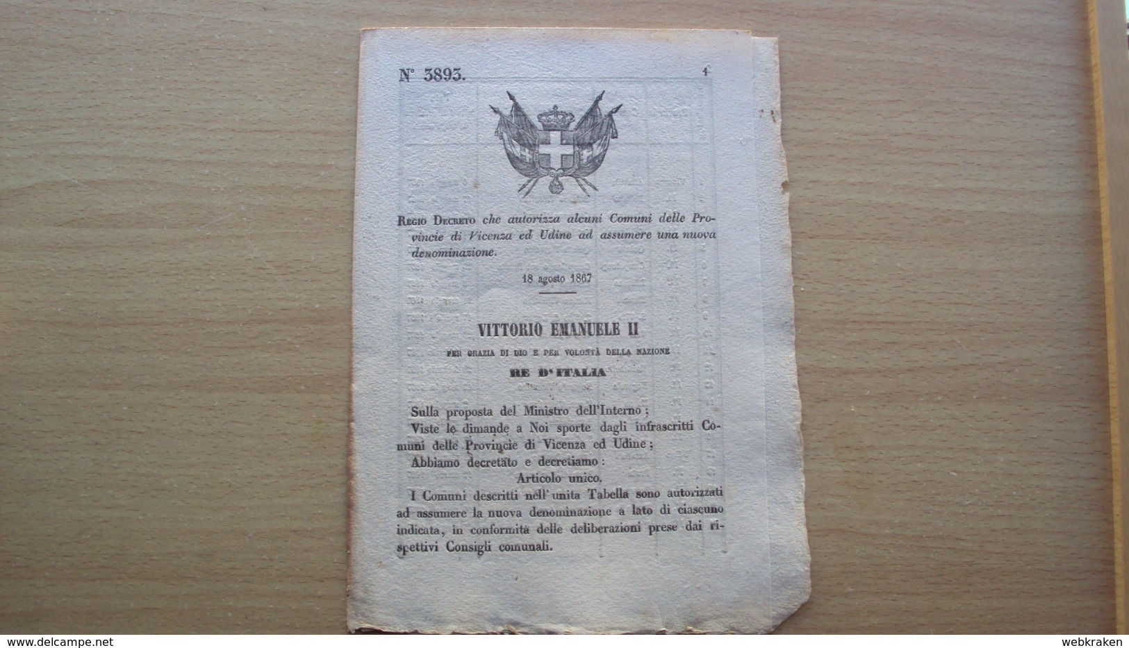 REGNO ITALIA DECRETO 18.8.1867 CAMBIO NOMI COMUNI DI VICENZA ED UDINE - Decreti & Leggi