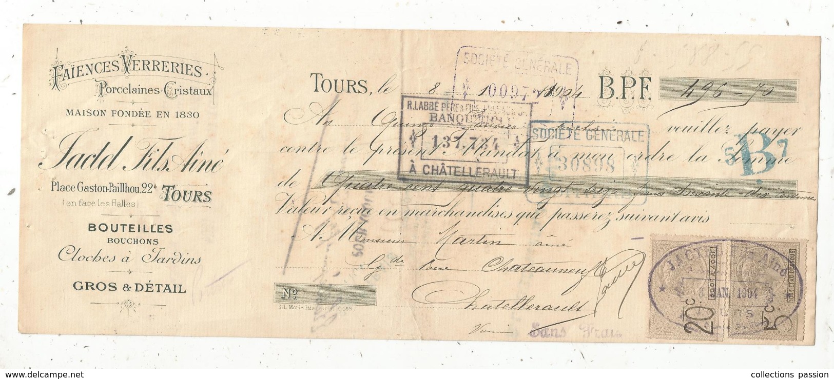 Mandat,faiences Verreries,porcelaines-cristaux, Jactel Fils Ainé ,TOURS, 1904 ,3 Scans, Frais Fr :1.65 E - Bills Of Exchange