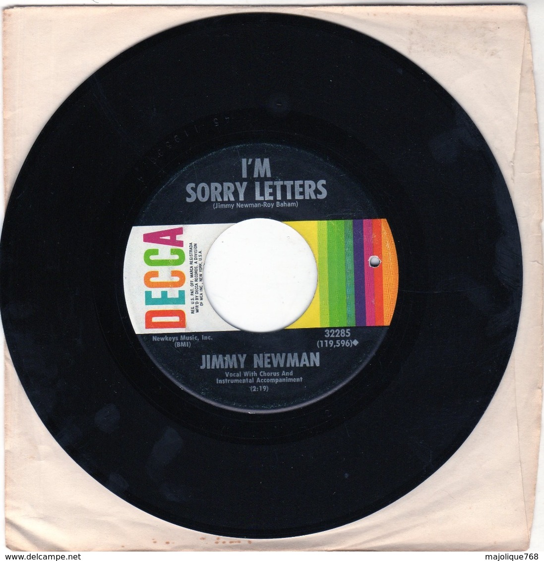 Jimmy Newman - I'm Sorry Letters - Sunshine And Bluebirds - DECCA 32285 - 1968 - Country En Folk