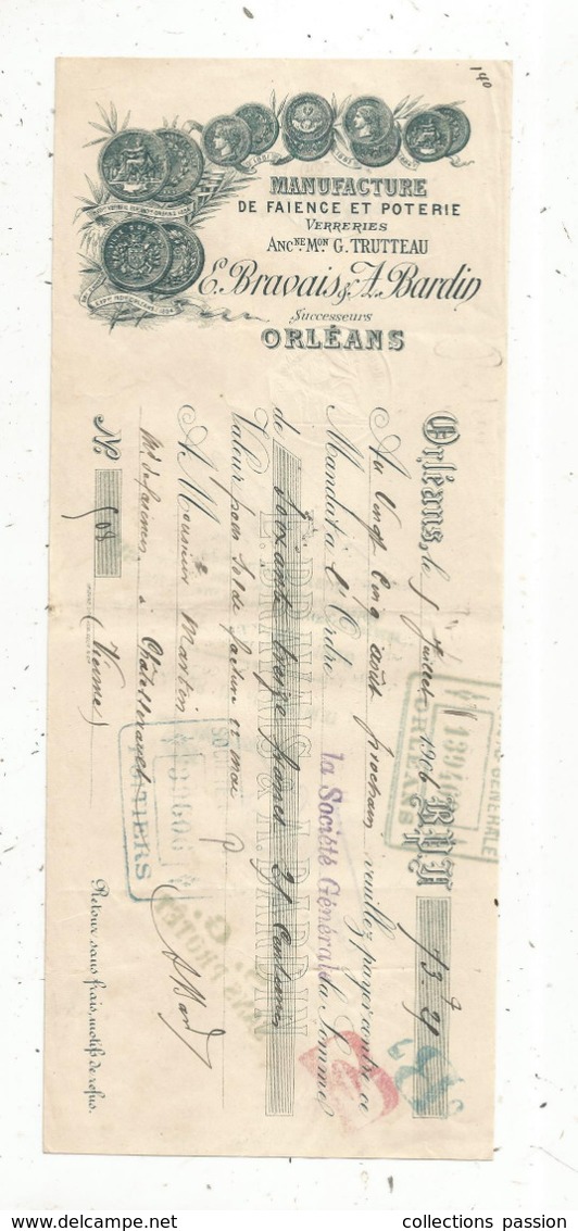 Mandat, Manufacture De Faience Et Poteries,Bravais & Bardin ,Orléans,1906 , 3 Scans ,frais Fr :1.65 E - Lettres De Change