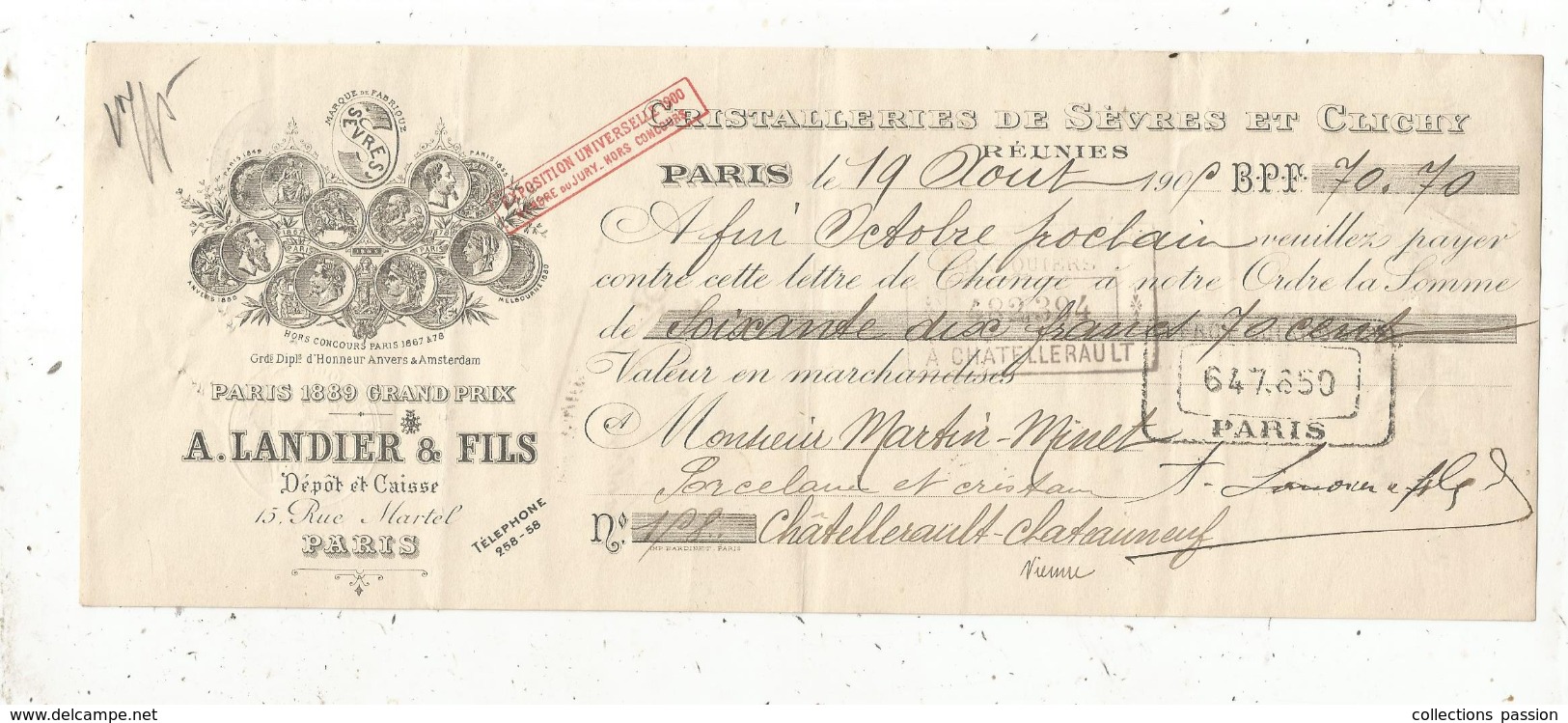 Lettre De Change, A. Landier & Fils ,  Paris ,1905 , 2 Scans ,frais Fr :1.65 E - Lettres De Change