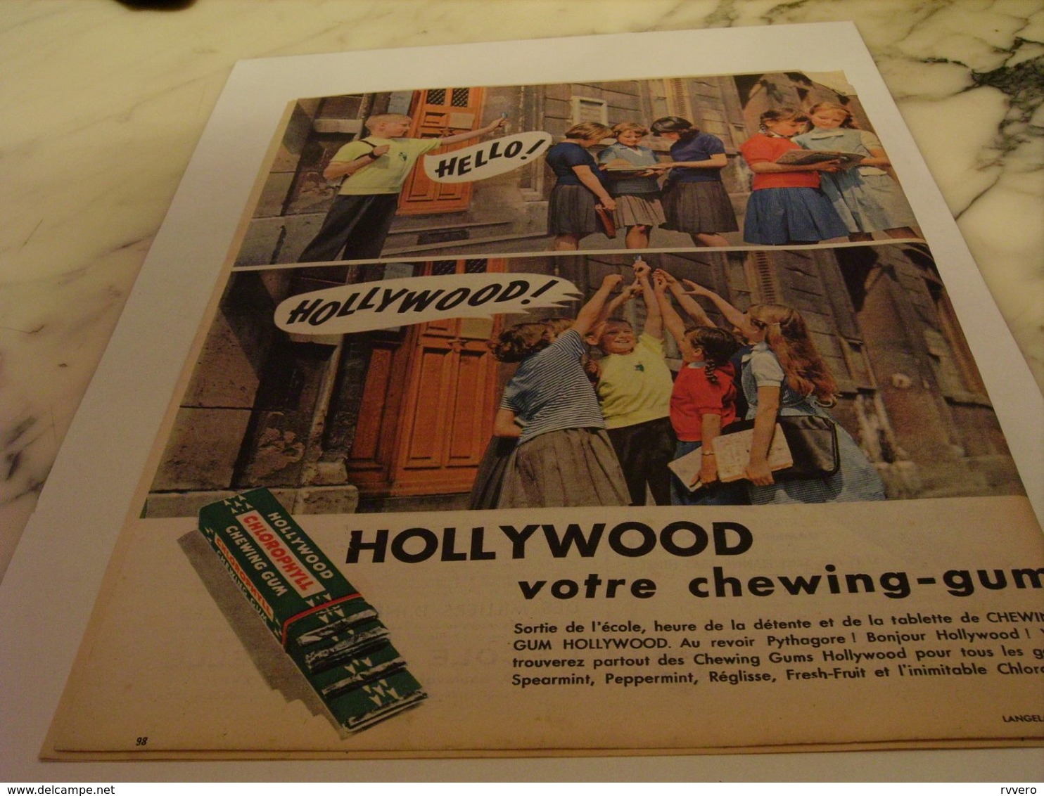 ANCIENNE   PUBLICITE SORTIE D ECOLE HELLO  CHEWING GUM HOLLYWOOD 1958 - Autres & Non Classés