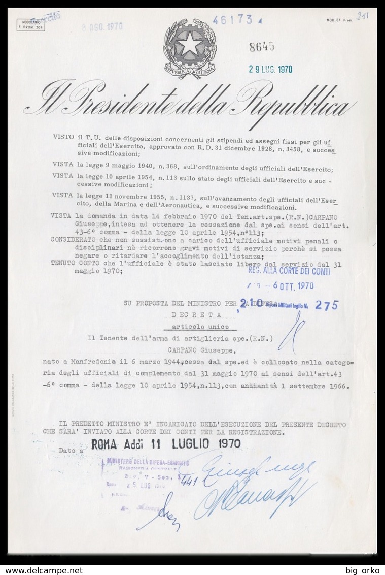 Decreto Presidenziale: Presidente Giuseppe Saragat / Ministro Mario Tanassi - 1970 - (46173) - Altri & Non Classificati