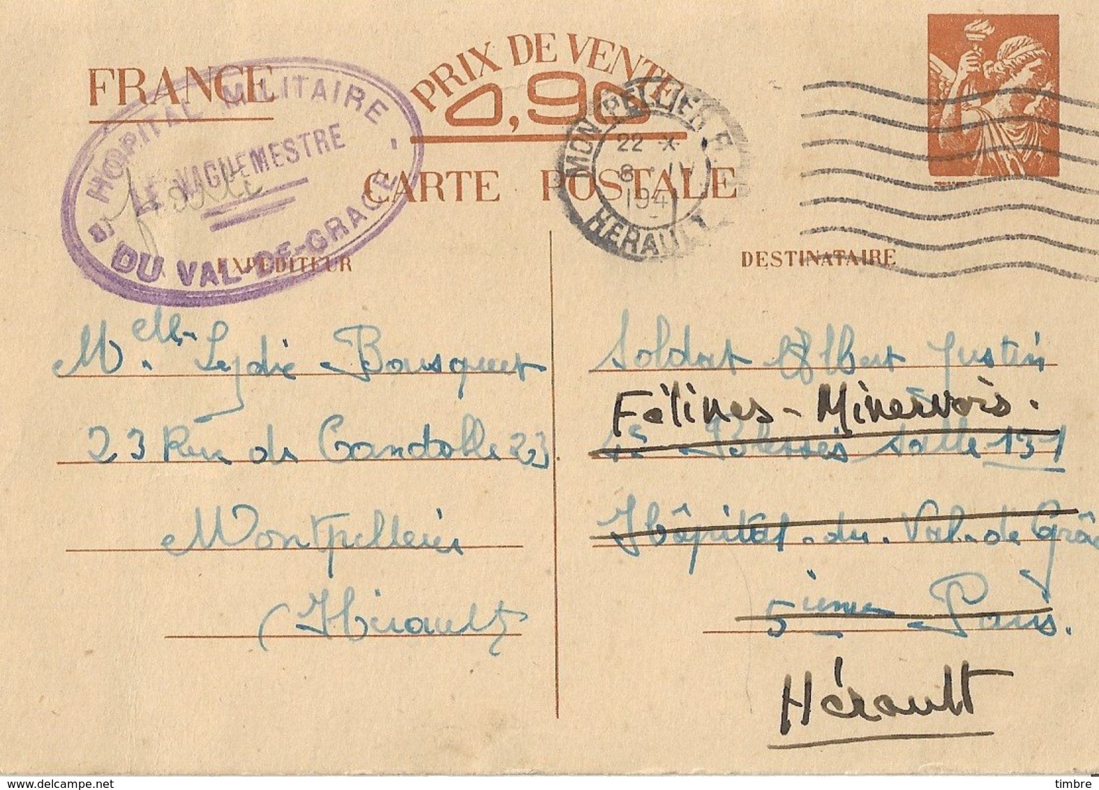 Entier Postal 90c Iris Hôpital Militaire Val De Grâce - Guerre De 1939-45