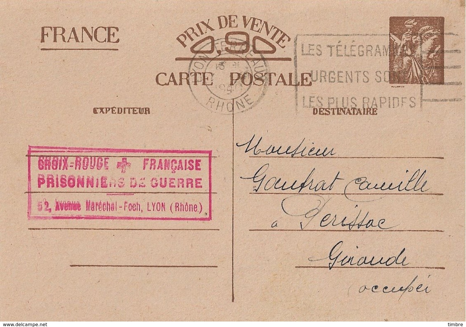 Entier Postal 90c Iris Croix Rouge Française , Prisonniers De Guerre Lyon - Guerra Del 1939-45
