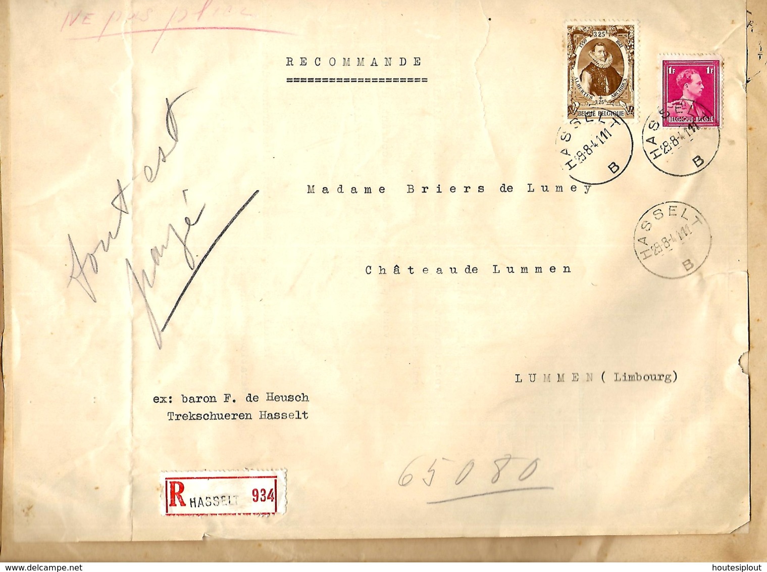 Belgique TP 428 + 581  L. Rec. Hasselt > Lummen  1941 - Covers & Documents