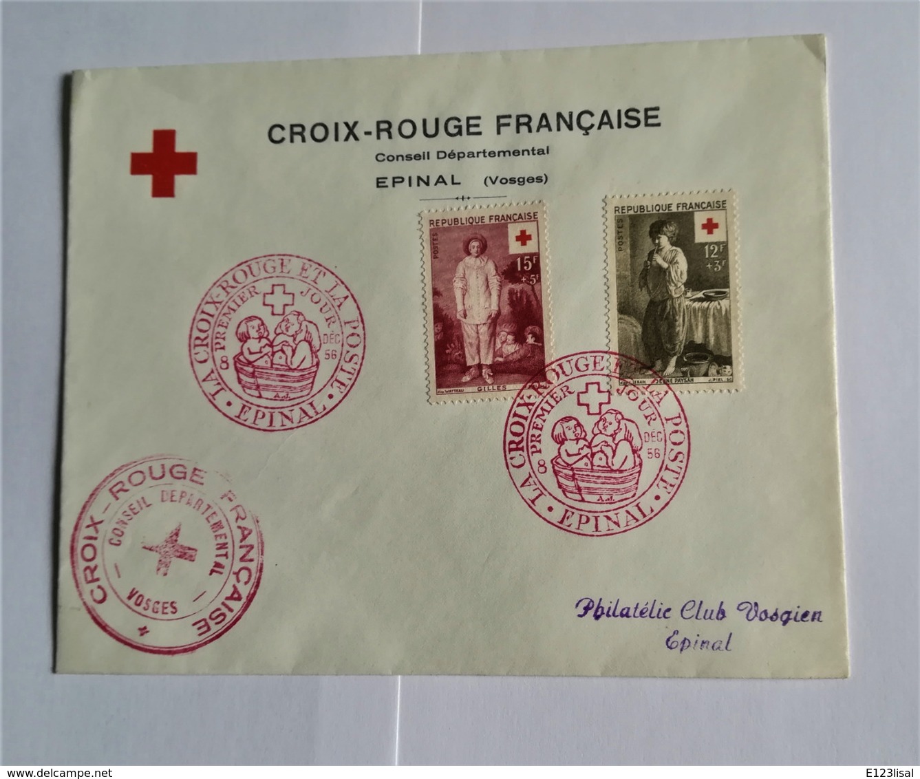 Enveloppe 1er Jour CROIX ROUGE  08 12 1956 Avec Timbres YT N° 1089 Et 1090 Par Conseil Départemantal CR VOSGES - 1950-1959