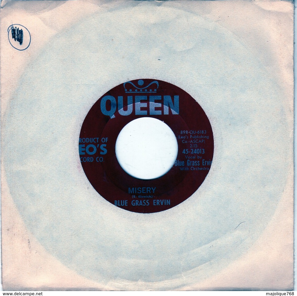 Blue Grass Ervin - Misery - I Won't Cry Alone - Queen 45-24013 - 1962 - - Country Y Folk