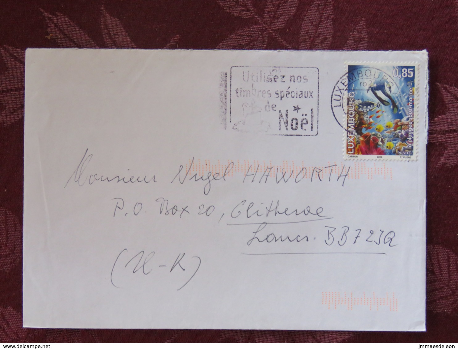 Luxemburg 2012 Cover Luxembourg To England - Diving Fishes - Christmas Stamps Slogan - Cartas & Documentos