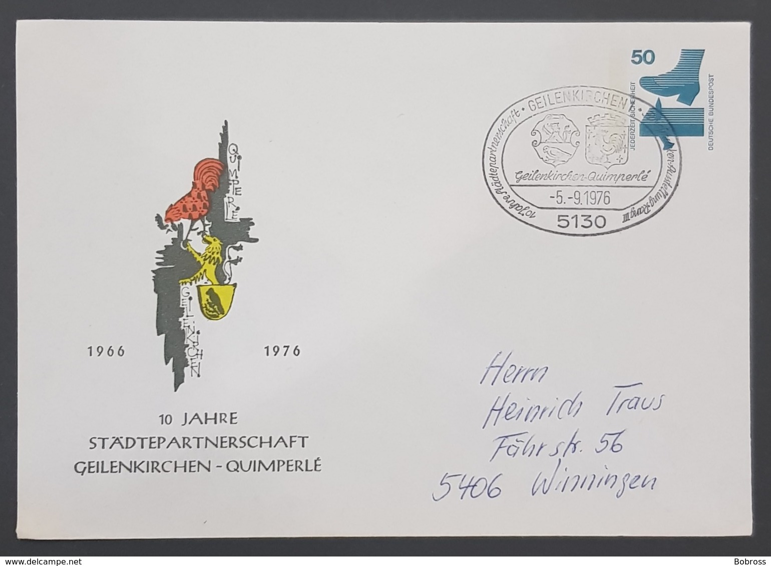 1976 Cover, 10 Jahre Städtpartnerschaft Geilenkirchen-Quimperlé, Winningen, Germany - Storia Postale