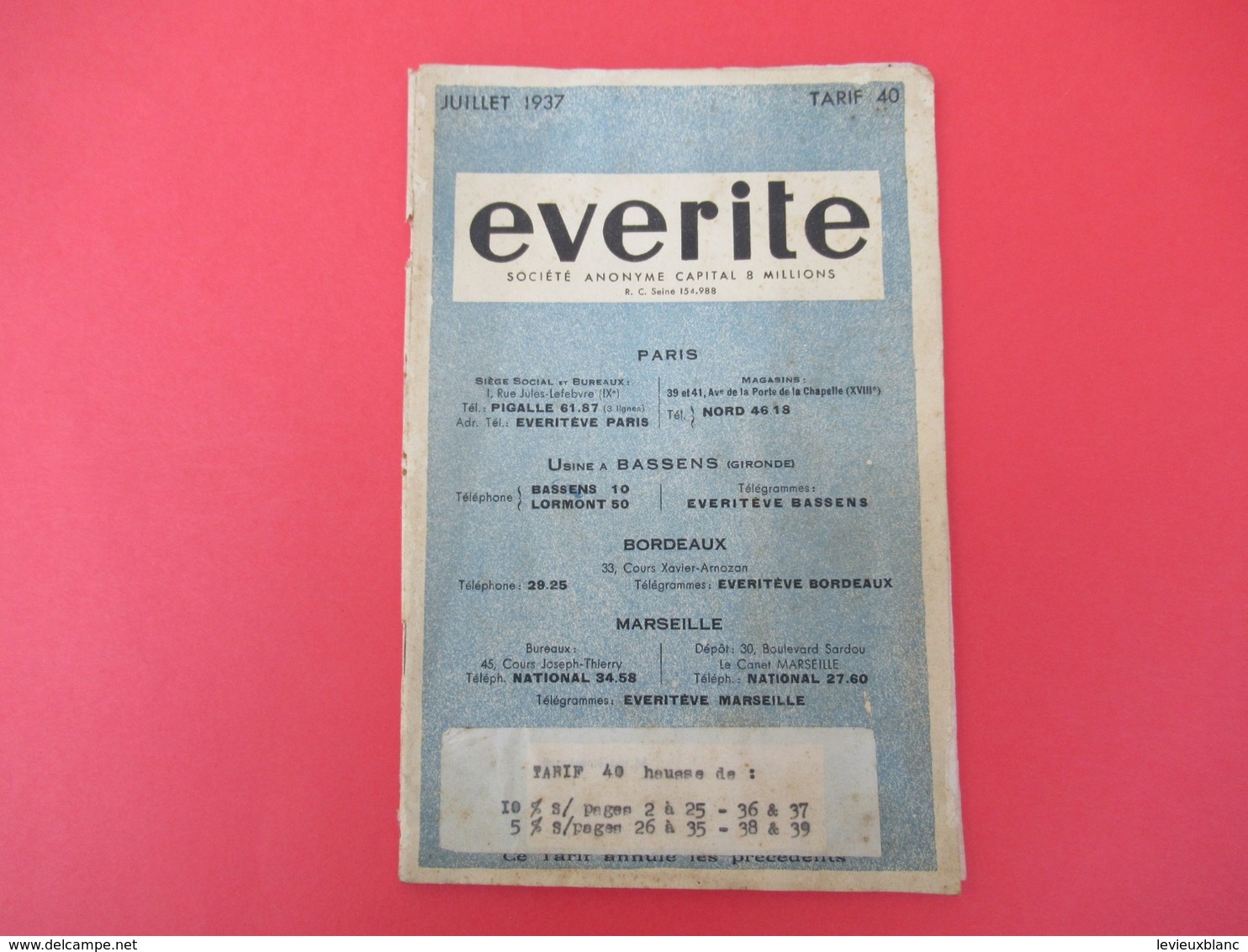 Catalogue/EVERITE/Revêtements Décoratifs/Société Française/Paris-Bassens - Bordeaux-Marseille/ 1937             CAT248 - Altri & Non Classificati