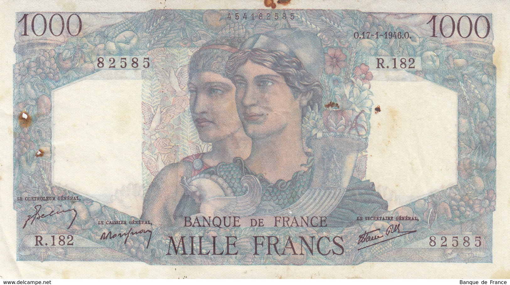 Billet 1000 F Minerve Et Hercule Du 17-1-1946 FAY F 41.10 Alph. R.182 - 1 000 F 1945-1950 ''Minerve Et Hercule''