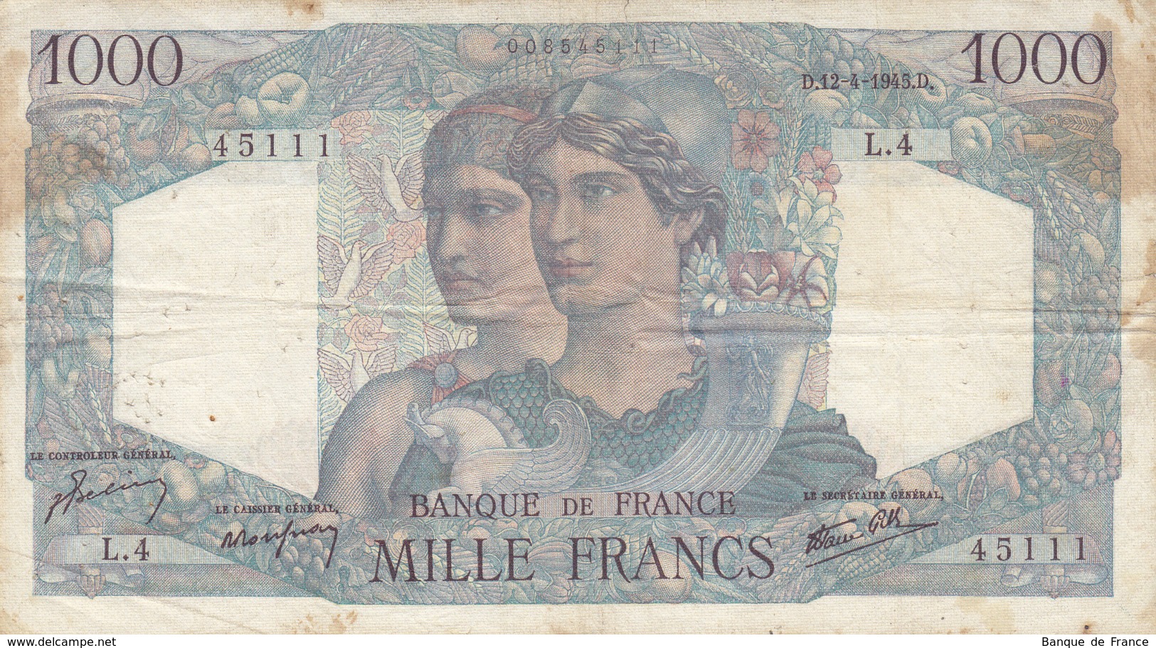 1000 F Minerve Et Hercule Du 12-4-1945 FAY F 41.01 Alph. L.4 - 1 000 F 1945-1950 ''Minerve Et Hercule''