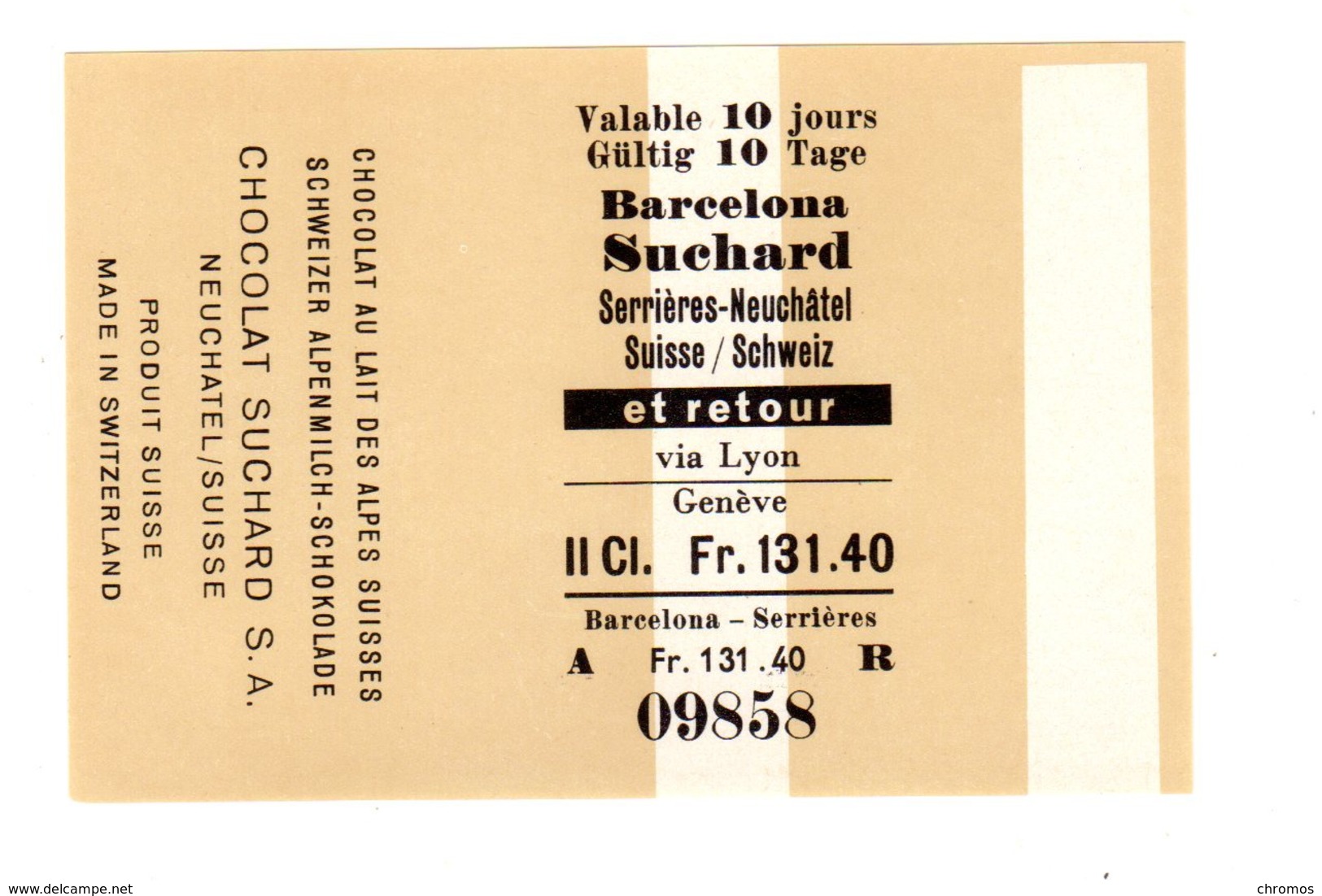 Enveloppe Pour Chocolat Suchard, Ticket De Train, Sérrieres - Barcelone, Espagne, Jamais Vu (!) - Autres & Non Classés