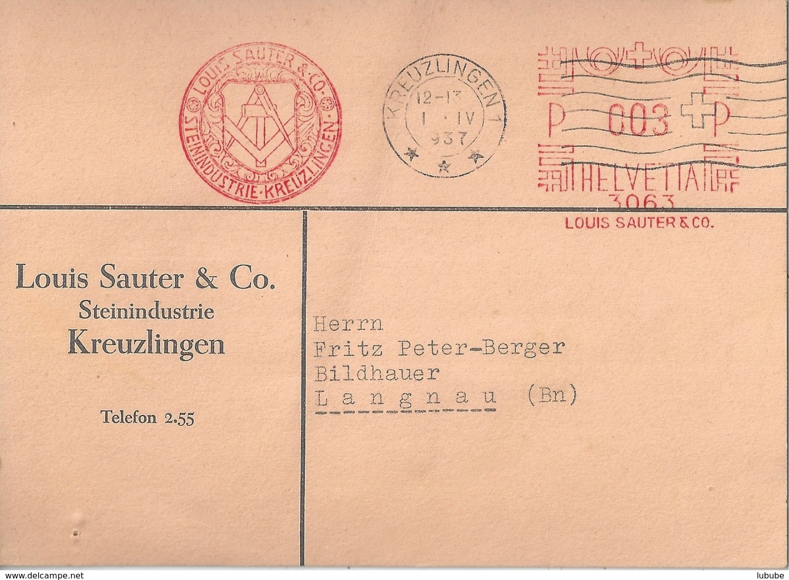 Motiv Karte  "Sauter, Steinindustrie, Kreuzlingen"  (Freistempel)          1937 - Covers & Documents