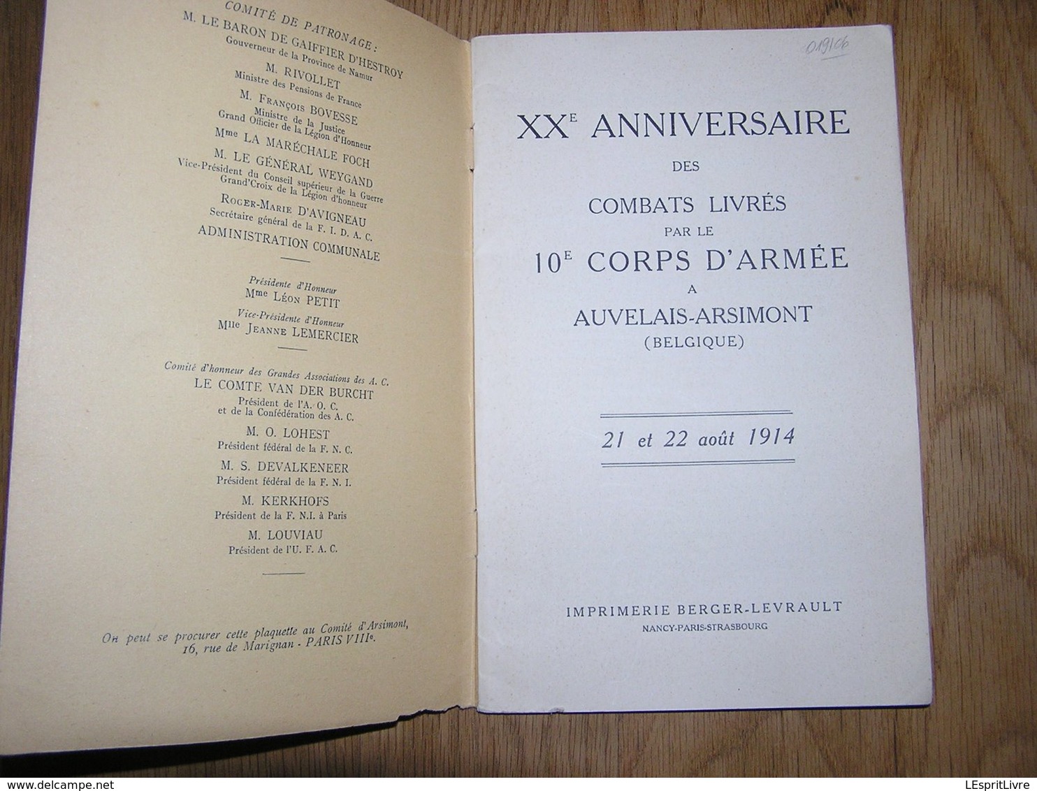 20 è ANNIVERSAIRE COMBATS LIVRES PAR LE 10 è CORPS D'ARMEE à AUVELAIS ARSIMONT Guerre 14 18 Infanterie Française 48 RI - Guerre 1914-18