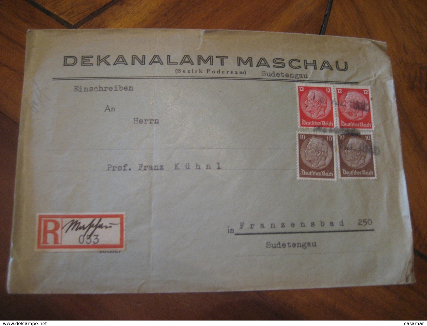 SUDETENGAU Maschau Bezirk Podersam To Franzensbad 4 Stamp On Cancel Registered Cover Deutsches Reich GERMANY - Other & Unclassified