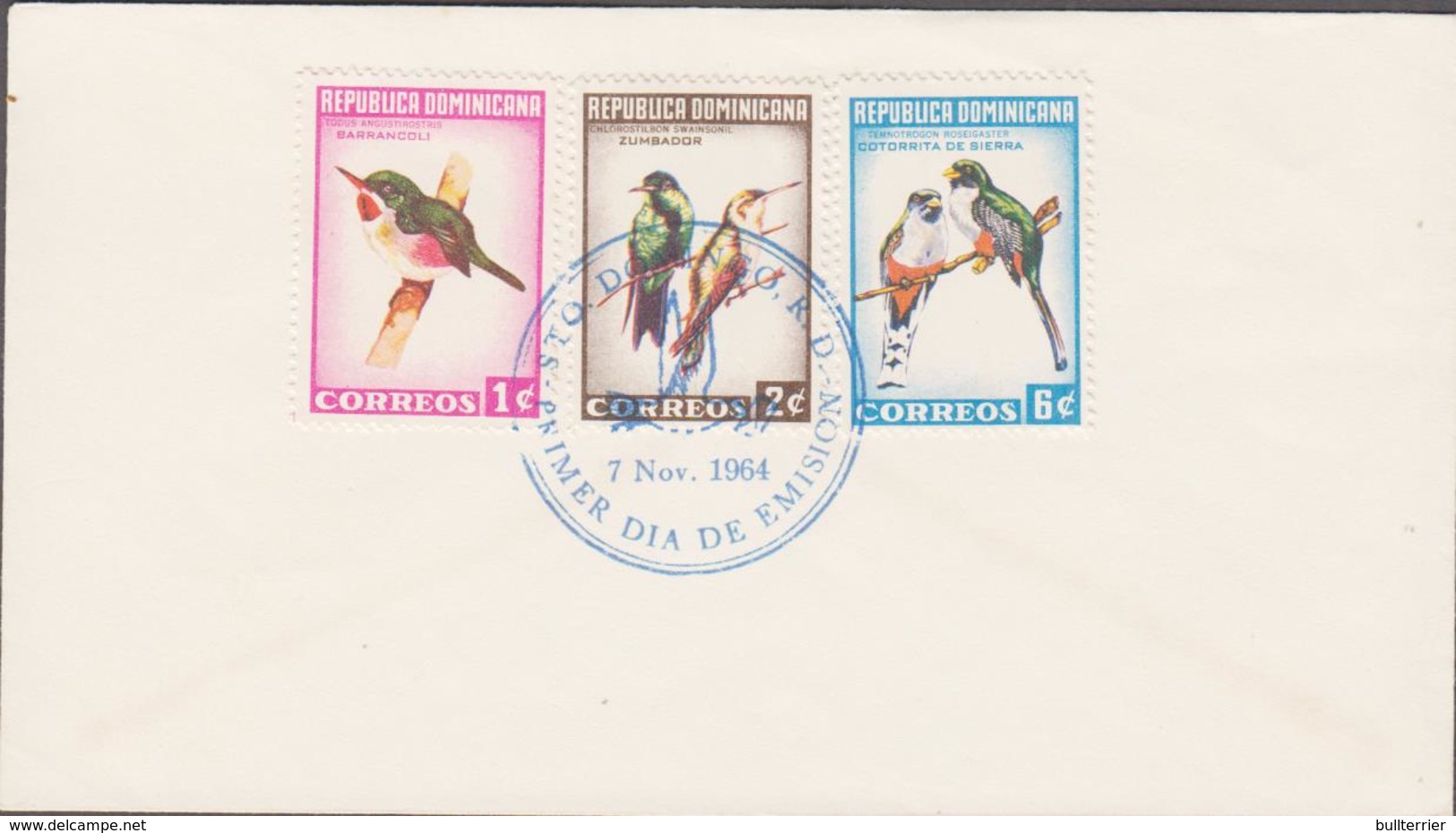 BIRDS - DOMINICAN REP - 1964 - BIRDS 1C,2C AND 6C ON FDC - Columbiformes